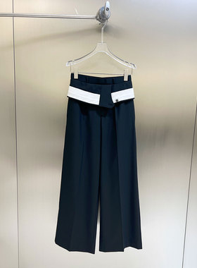 XIWA欧洲站新品FANLEONA黑白撞色双腰阔腿西裤显瘦气质直筒长裤女