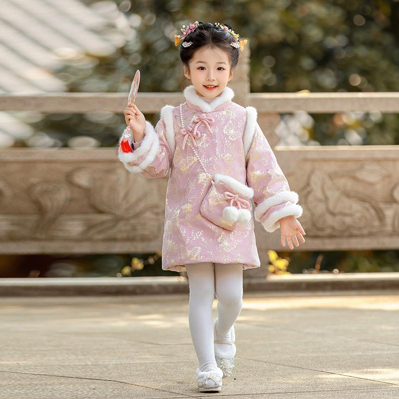 女童汉服加绒冬季古装中国风儿童唐装旗袍裙加厚女孩拜年服表演服