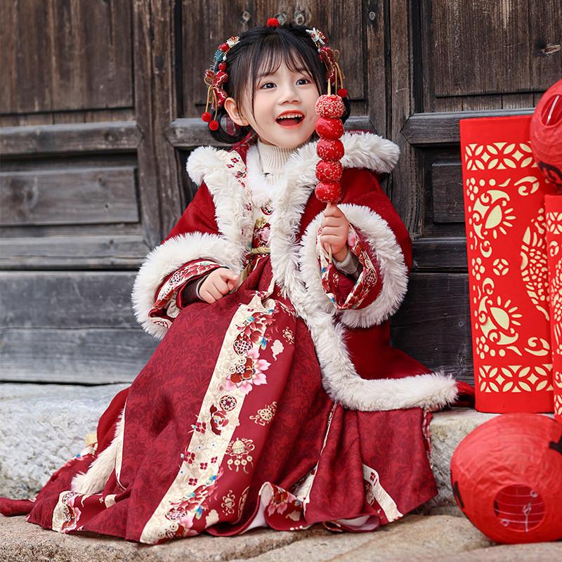 汉服女童冬装加绒国风拜年服儿童蛇年新款冬季古装连衣裙新年唐装