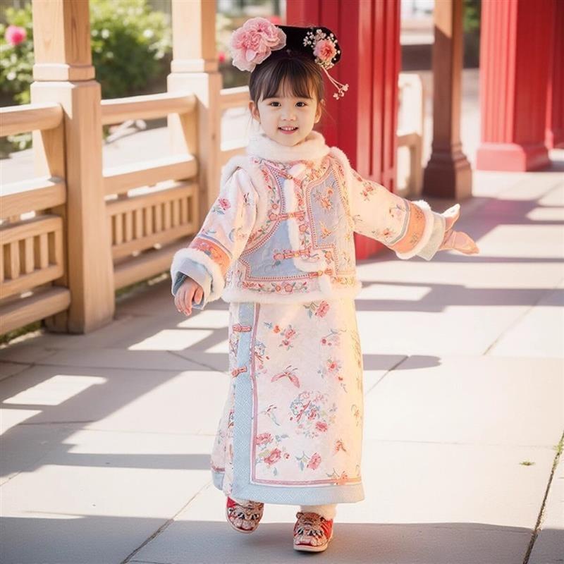 2024新款加绒女童格格服儿童古装汉服宫廷服国风加厚女童旗袍套装