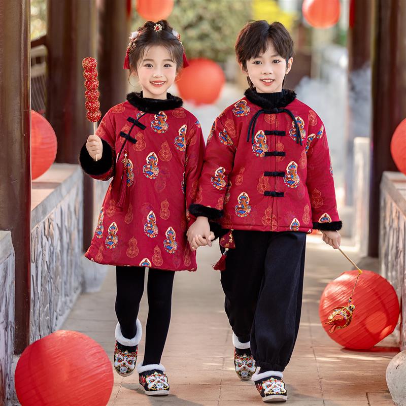 男女童冬季拜年服加绒套装兄妹装汉服幼儿园唐装中国风舞蹈演出服