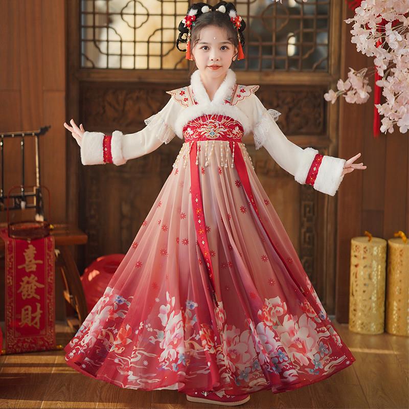 汉服女童2024新款冬季加绒儿童连衣裙超仙唐装女孩古装裙子中国风