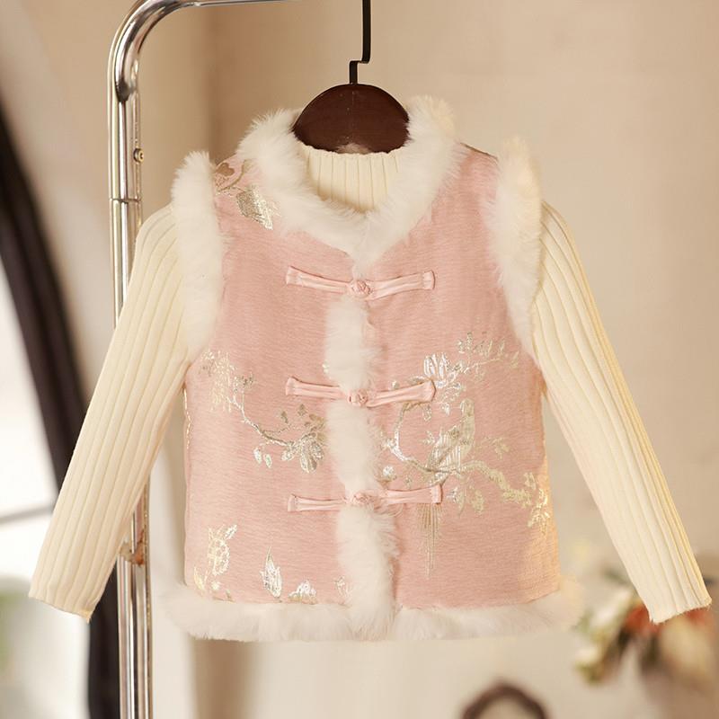 女童汉服古装中国风加绒加厚马甲儿童唐装小女孩旗袍保暖外套秋冬