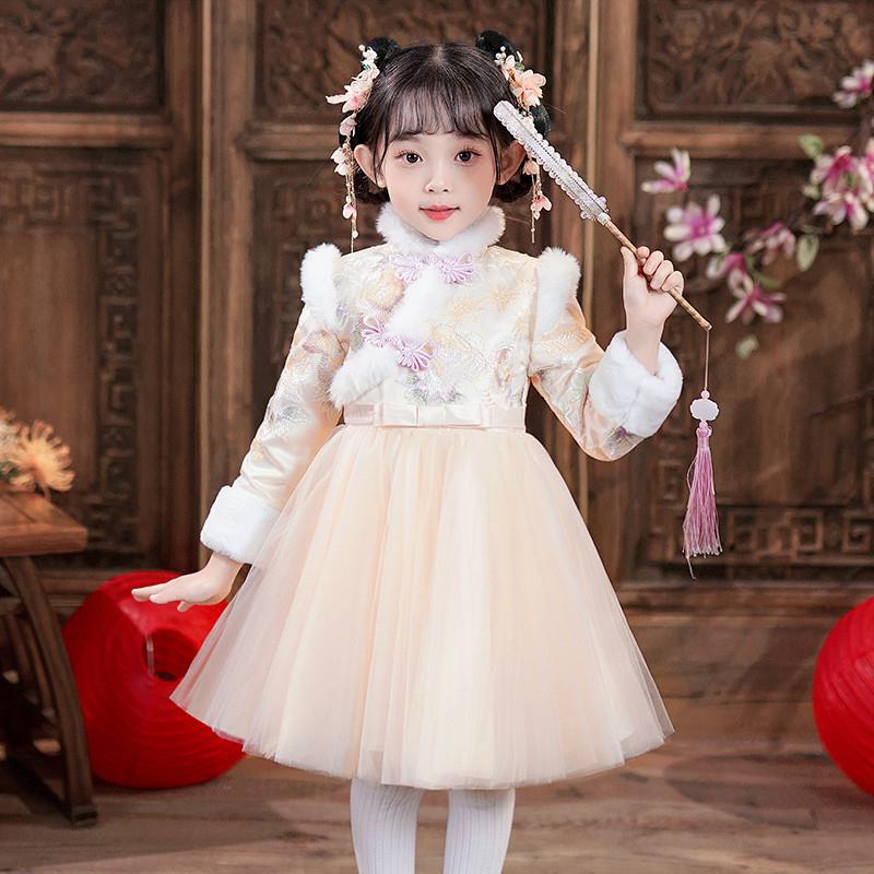 女童新款冬季古风汉服连衣裙加绒旗袍裙儿童秋冬款小女孩冬装古装