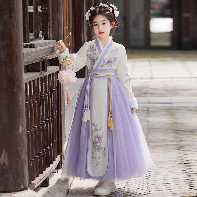 汉服女童秋冬季加绒国风公主裙2025新款儿童古装加厚唐装连衣裙子