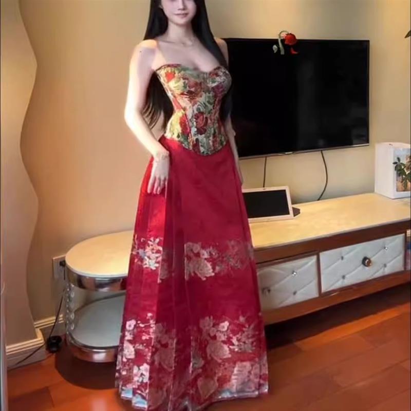 新中式国风红色京云染改良马面裙套装女春夏汉服半身裙婚礼服订婚
