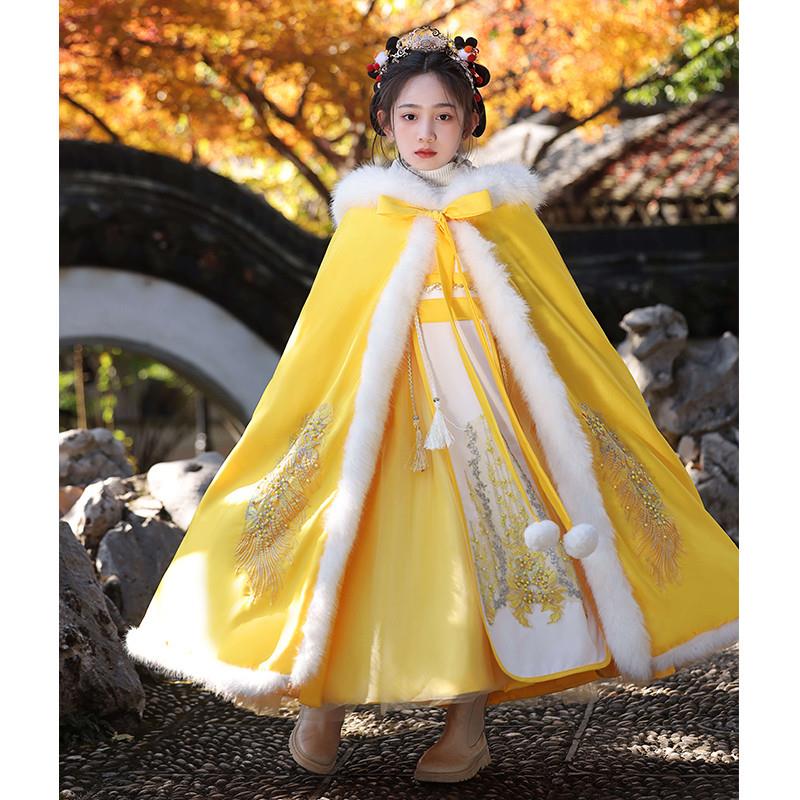 高端汉服女童中国风加绒加厚唐装连衣裙儿童黄色古装拜年服秋冬季