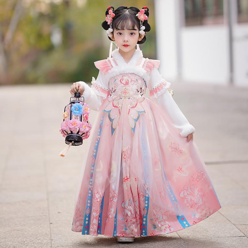 汉服女童冬季连衣裙2024新款女孩国风儿童加绒裙子古风唐装拜年服