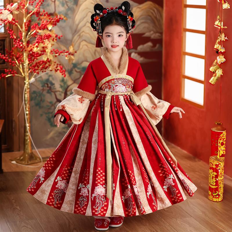 汉服女童冬季加绒古装连衣裙2025新款中国风小女孩秋冬拜年服唐装