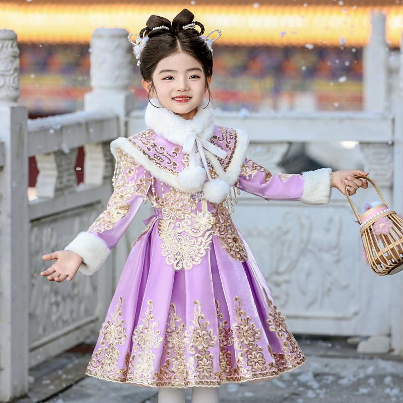 女童汉服冬季连衣裙中国风拜年服公主裙冬款儿童超仙加绒新年衣服