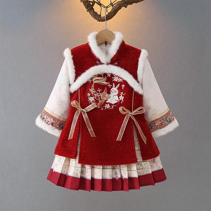 拜年服女童汉服旗袍连衣裙儿童冬季过年喜庆衣服宝宝加绒新年冬装