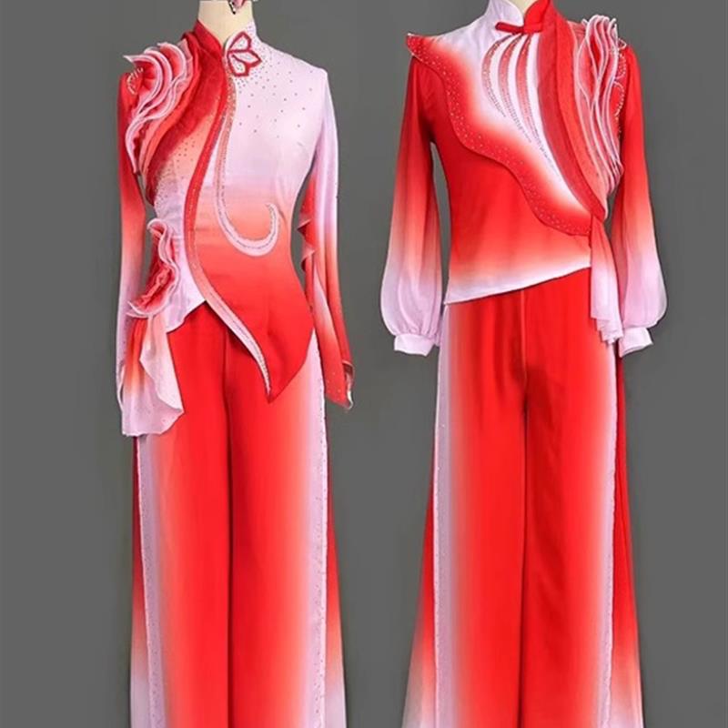 新款扇子舞秧歌舞演出服男女中国风腰鼓打鼓服胶州民族舞蹈表演服