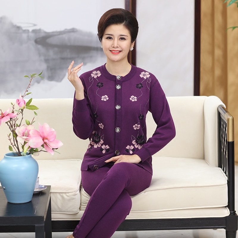 俞兆林中老年加厚加绒保暖内衣套装女老人开衫秋衣秋裤奶奶防寒冬