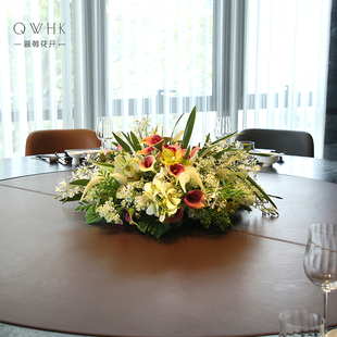 酒店中间转盘圆桌餐桌花摆件仿真花摆花茶室茶楼假花摆设高端餐厅