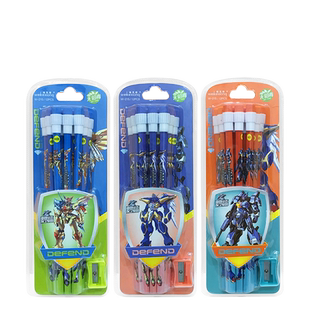 鸿星维克熊机甲战士皮头铅笔儿童卡通小学生用卡装无铅毒幼儿园练字写字HB不易断芯六角杆大皮头笔文具套装