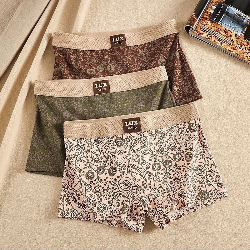 女士内裤纯棉新款高奢花纹个性印花透气平角裤潮流女生四角短裤头
