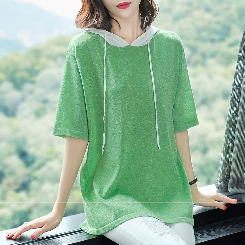 夏季短袖大码女装2020新款连帽绿色T恤卫衣宽松冰丝中长款打底衫在类目 女装/女士精品, T恤中 - 来自Buy2taobao.com提供专业的淘宝代购服务