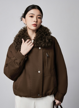 LATTICE TI高档鹅绒服2025新款羽绒服女短款莫斯娜羊毛领子夹克