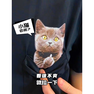 小猫竖中指t恤短袖女纯棉宽松男士欧货打底美式复古纯色黑色圆领