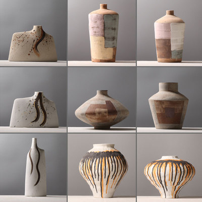 日式侘寂风手绘陶罐花瓶土罐摆件