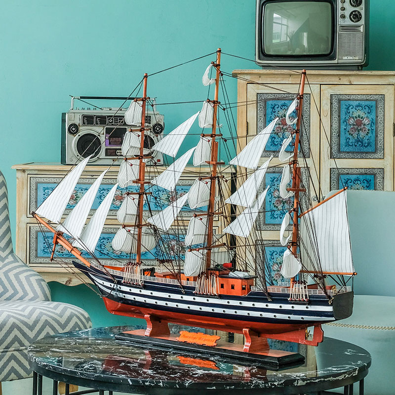 现代一帆风顺帆船摆件成品模型大号仿真实木工艺品老板办公室装饰