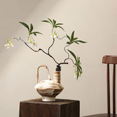 新中式 复古禅意花瓶仿真绿植水榕花假花中古斑驳做旧陶瓷花器假花