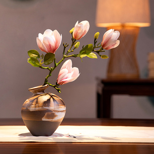 禅意陶罐艺术花瓶客厅民宿餐桌面摆件中式仿真花玉兰花插花高级感