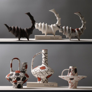 侘寂风艺术彩绘陶罐提壶花瓶异形创意陶瓷插花器民宿茶室书房摆件