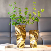 仿真吊钟绿植马醉木假花高级感电视机柜轻奢金色陶瓷敞口花瓶摆件