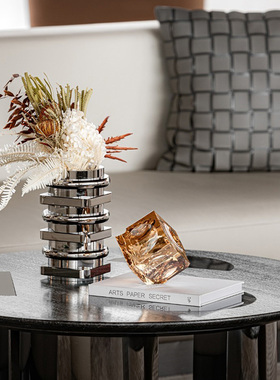 现代电镀银色层叠花器装饰花艺假花售楼处样板间客厅茶几水晶摆件