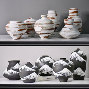 黑白雪山禅意中古风粗陶土罐花瓶手绘水培茶室书房展示柜花器摆件