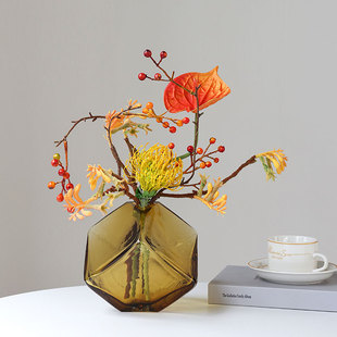 立方体玻璃花瓶客厅餐桌仿真花插花摆件样板房花艺洽谈桌软装摆花