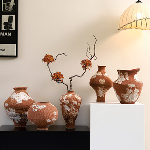 粗陶锈色复古仿古陶罐花瓶客厅插干花日式侘寂风花器禅意陶瓷摆件