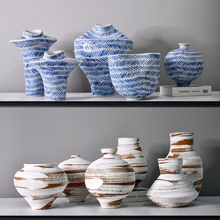 新中式青花陶瓷艺术不规则仿古陶罐花瓶民宿博古架水培插花器摆件