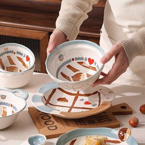 举个栗子陶瓷米饭碗菜盘餐盘家用饭碗高温釉下彩餐具双耳汤碗勺子