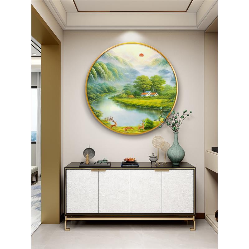 聚宝盆圆形入户玄关装饰画餐厅背景墙风景油画山水画走廊过道壁画图片