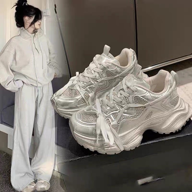 银色百搭显脚小增高厚底老爹鞋女款2025新款春秋季轻便休闲运动鞋