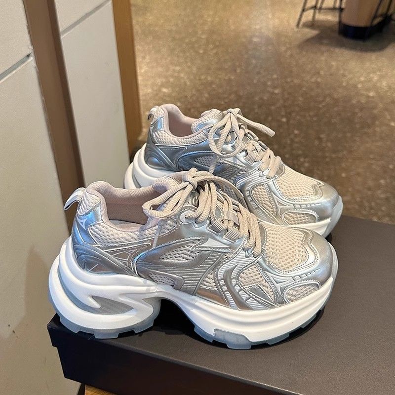 银色厚底增高老爹鞋女2025夏季新款网面透气百搭休闲增高运动鞋子