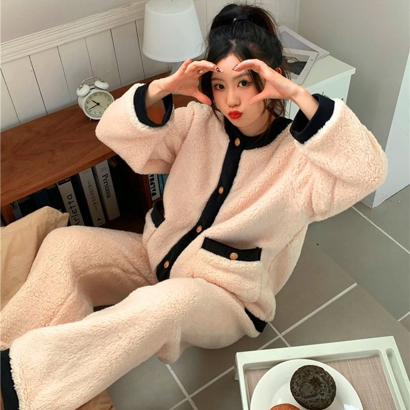 冬季保暖珊瑚绒睡衣女韩版简约休闲加厚加绒法兰绒少女家居服