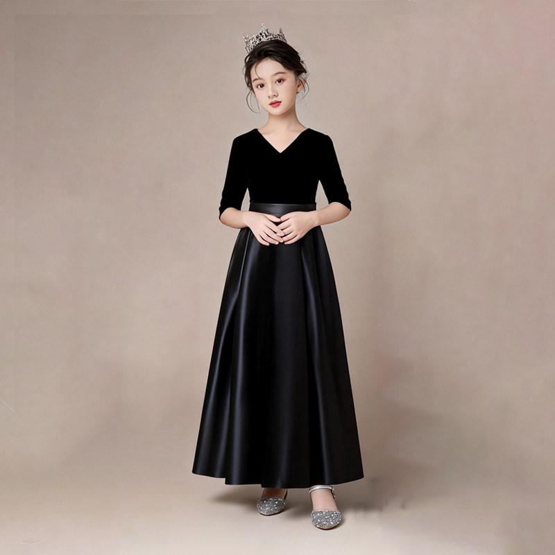 顺丰发黑色丝绒女童礼服裙钢琴提琴演奏高端小女孩管弦乐团演出服