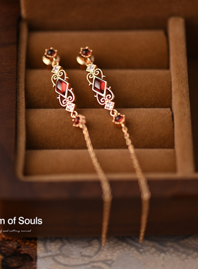 《绯红香氛》原创设计S925纯银耳钉天然红石榴石耳环复古红色礼物