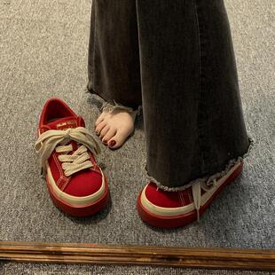 女款帆布鞋2024秋季新款红色百搭小个子板鞋学生厚底休闲鞋子