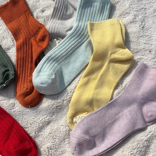 tu家外贸日单女纯色螺纹纯棉松口袜坑条短袜中筒袜子女春秋款 袜子