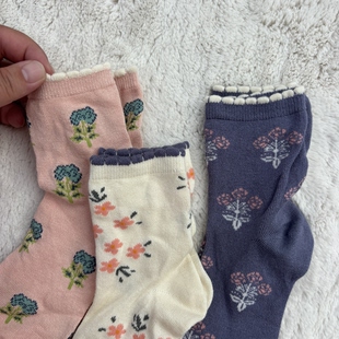 贵牌 小碎花边中筒袜子透气吸汗防臭袜 外贸日单女士春秋纯棉薄款