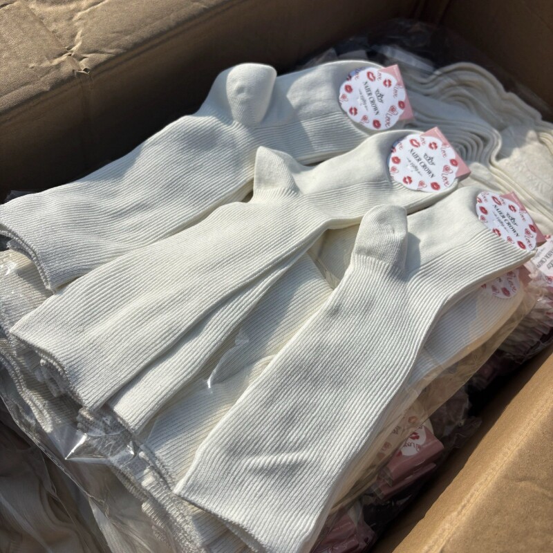 纯棉!外贸女士纯白色螺纹双针堆堆袜子百搭透气松口小腿袜中筒袜