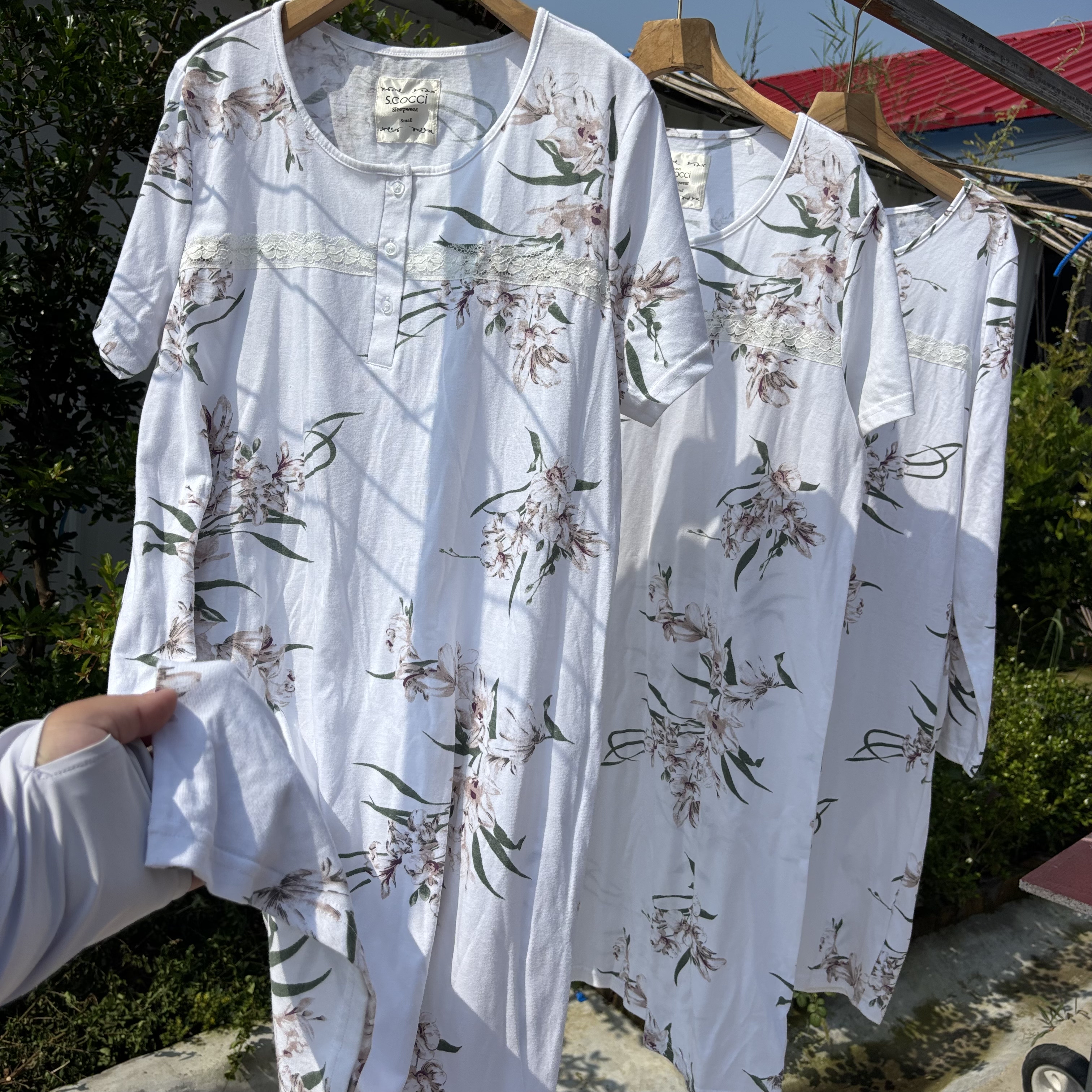 60%棉！南美单！外贸女士法式百合印花睡裙 蕾丝拼接柔软棉家居服