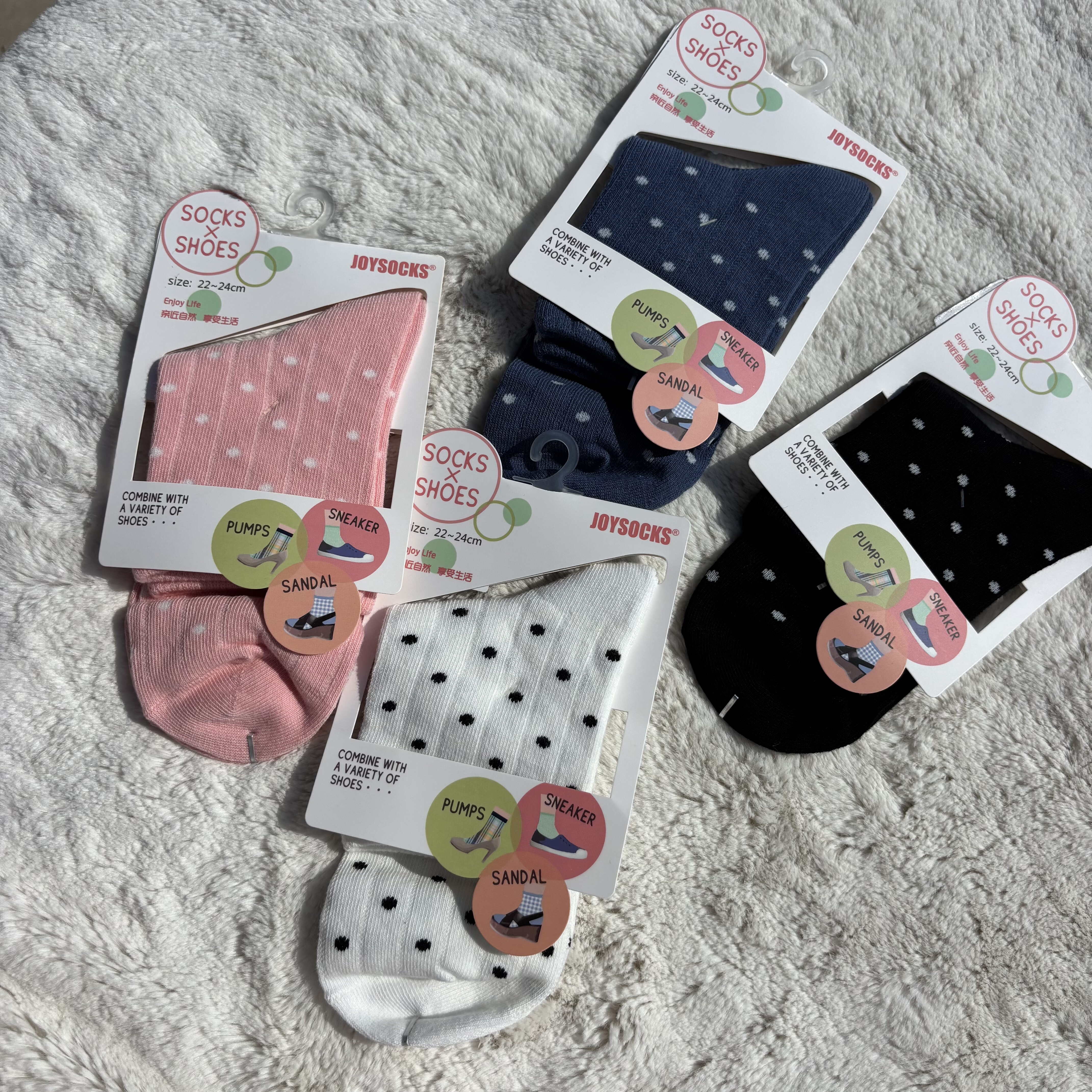 日单原卡，外贸女士夏季薄款纯棉混波点短袜吸汗防臭运动中筒袜子