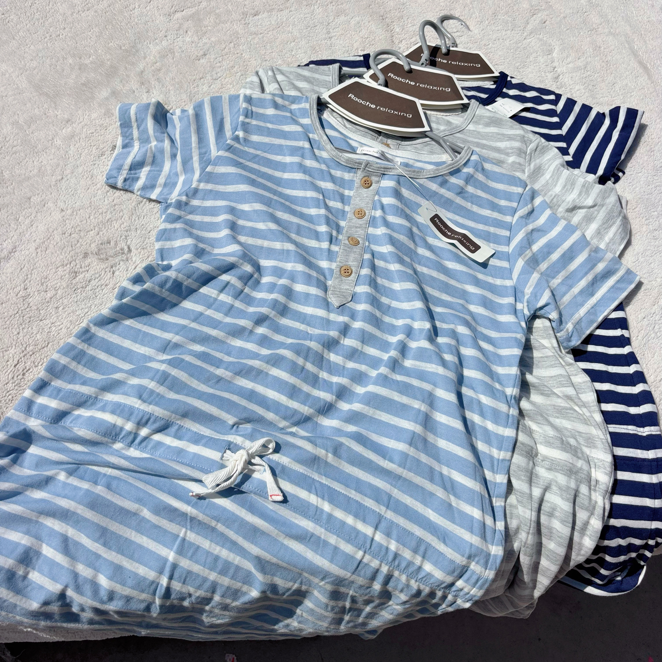 试衣间！外贸日单简约女条纹家居服睡衣裙纯棉开扣抽绳休闲连衣裙