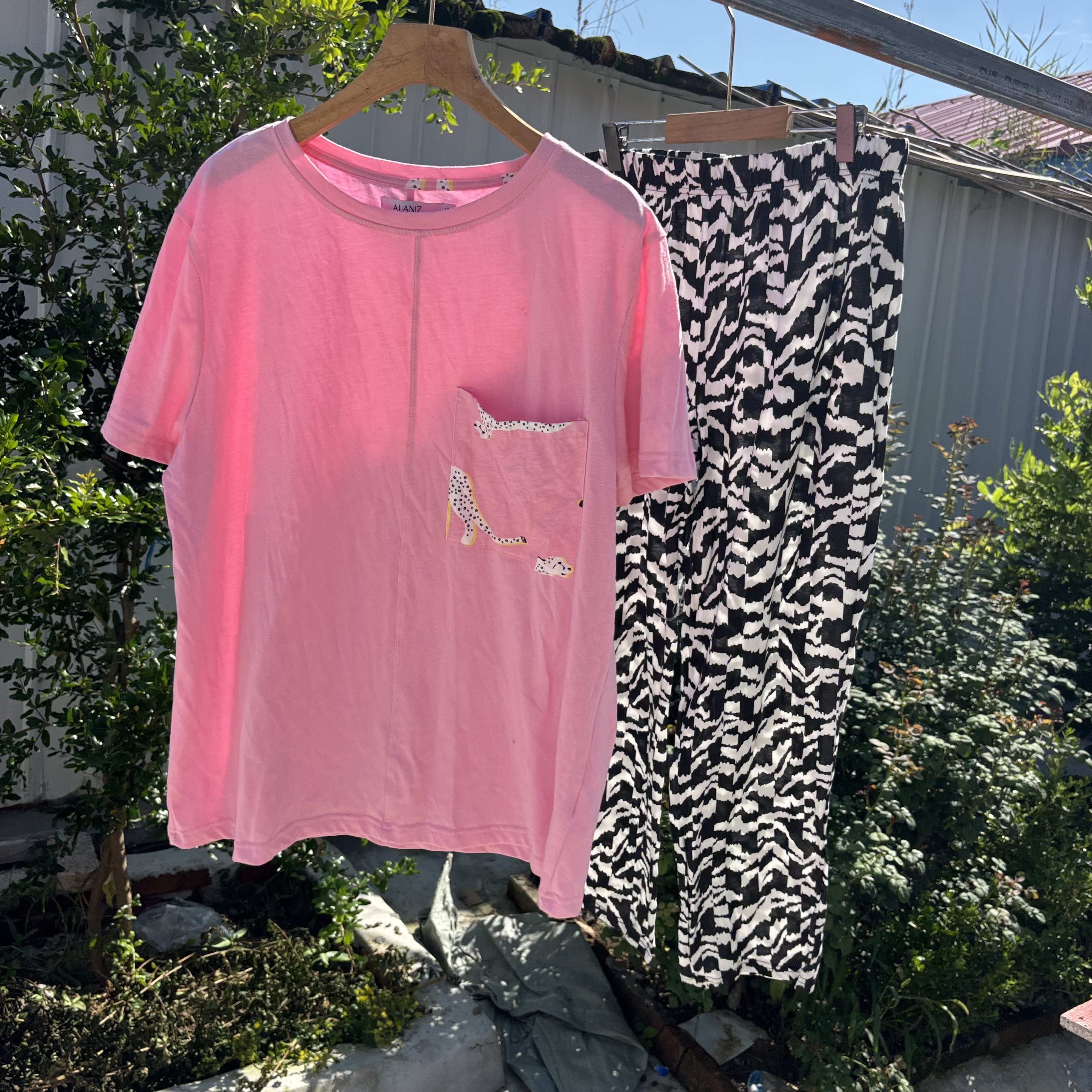 澳洲单！外贸女薄棉短袖印花睡衣两件套斑马纹高腰长裤家居服套装