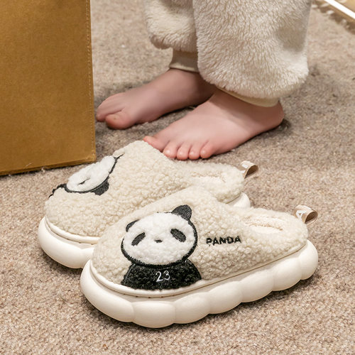 儿童棉拖鞋男童秋冬防滑室内居家加绒中大童女孩毛毛拖鞋卡通熊猫